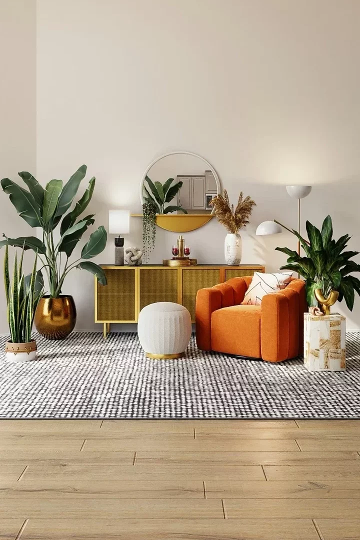 Salon cosy avec plante verte et fauteuil orange, meuble jaune